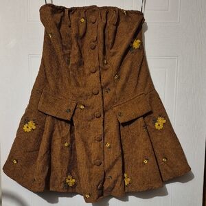 Brown Corduroy Mini Dress with long sleeve half Jacket floral Embroidery